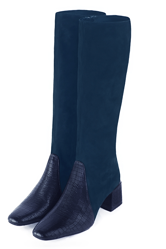 Navy blue women's feminine knee-high boots. Square toe. Medium block heels. Made to measure. Front view - Florence KOOIJMAN